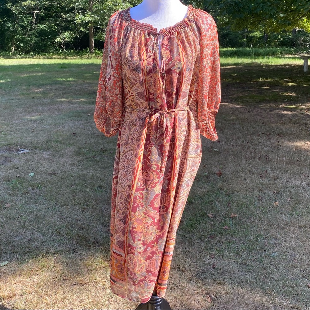 ZARA DRESS MIDI RUST RED GRAY FLORAL OFF SHOULDER KEYHOLE NECK TIE WAIST SIZE S
